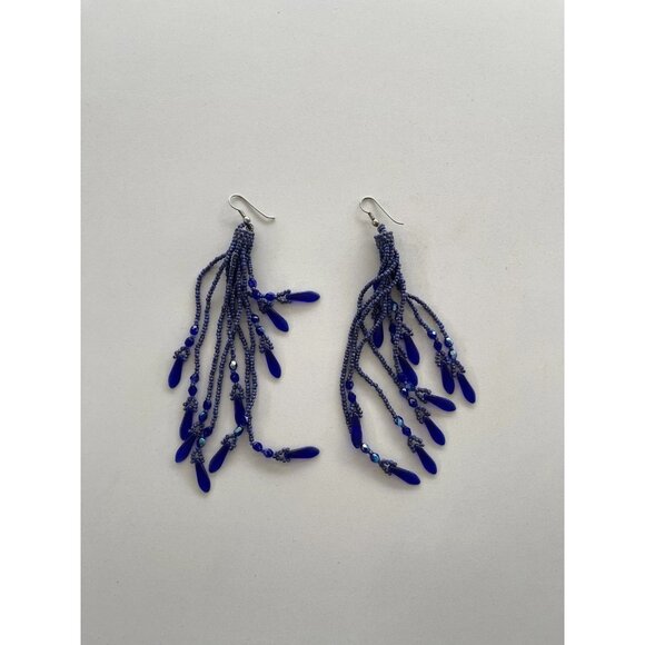 Vintage Boho Native Dark Blue Seed Glass Beaded Earrings Fringe Tassel Long 5.5” - Picture 9 of 9